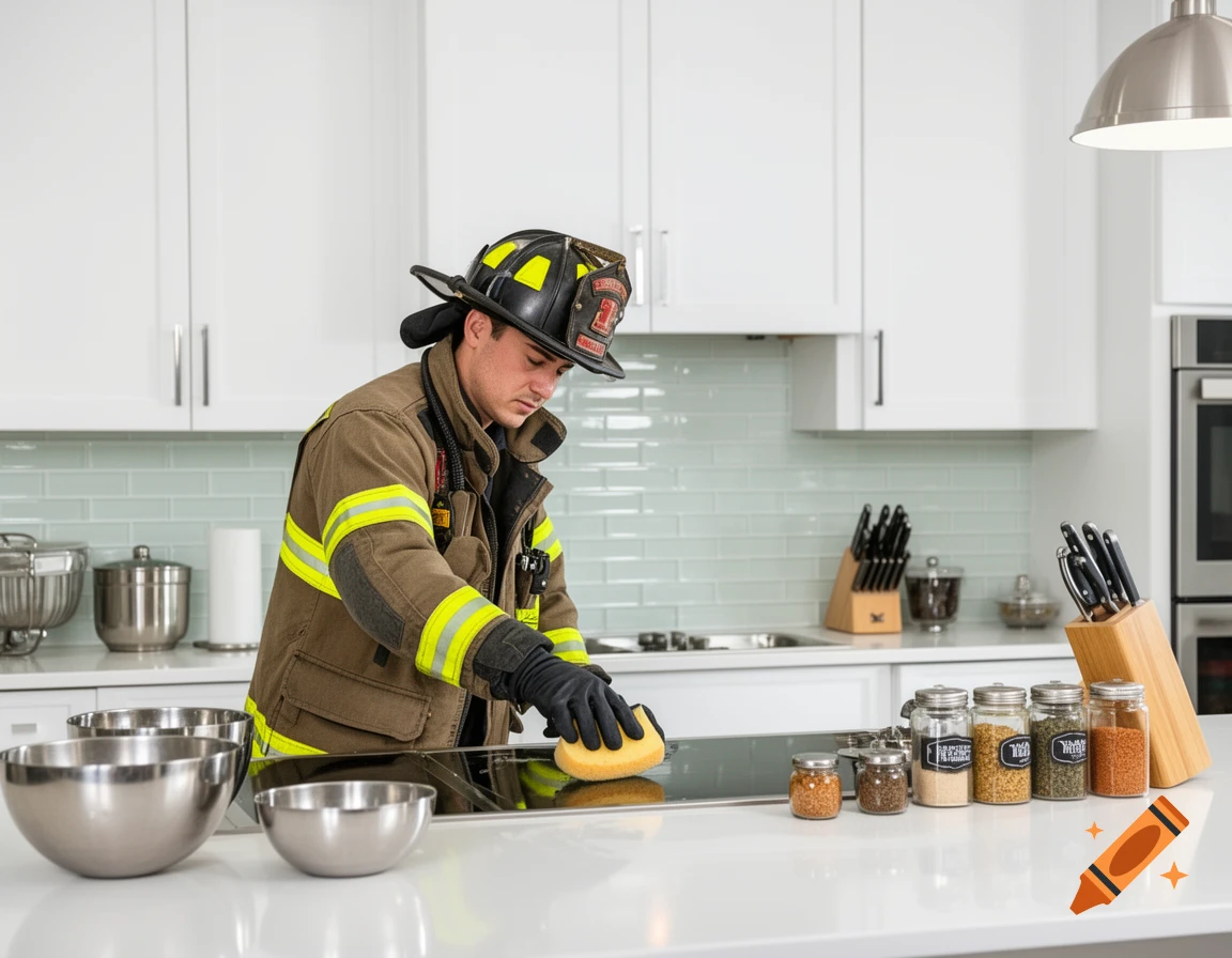 A firefighter in full uniform cleaning a modern kitchen counter with a yellow sponge, surrounded by kitchen utensils and spice jars.