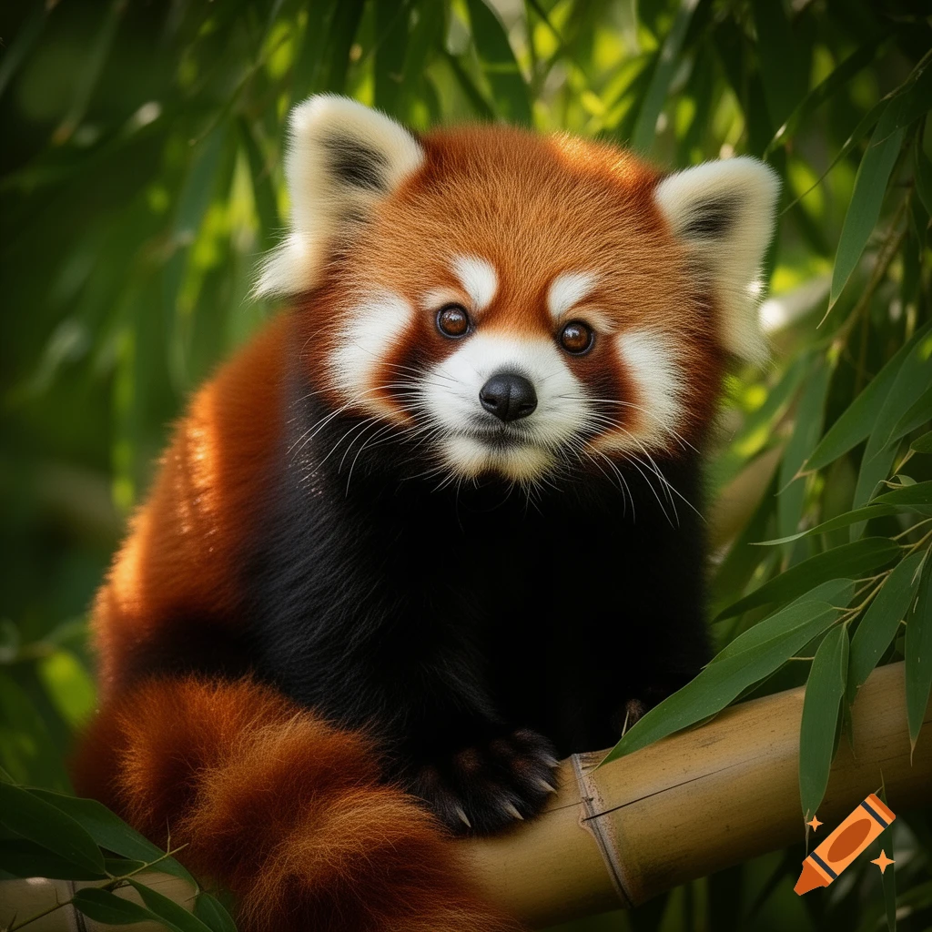 Photorealistic close-up of a red panda with a cute face, sitting on a bamboo branch amidst green foliage.