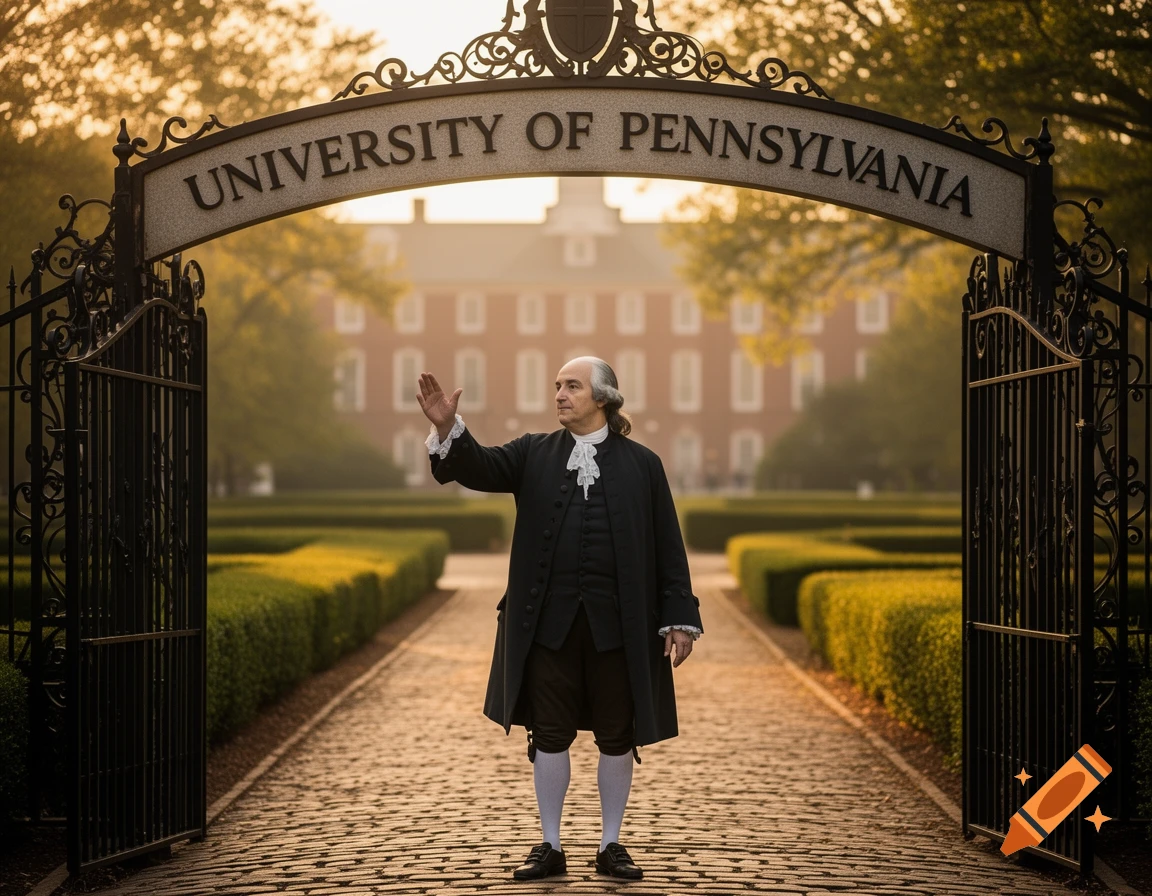 A man resembling Benjamin Franklin in colonial attire stands at the gates of the University of Pennsylvania at sunrise.