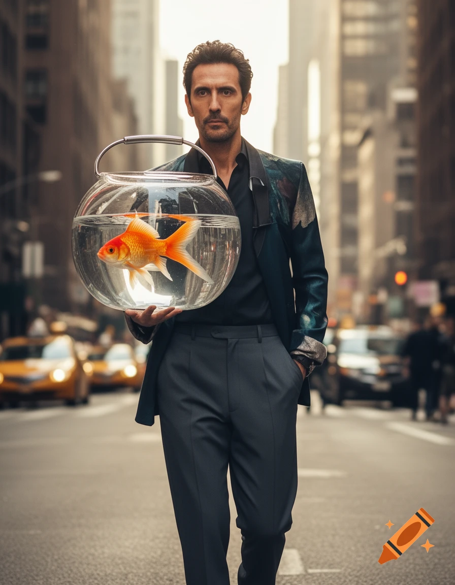 A serious man in a suit walks down a busy city street, carrying a glass fishbowl with a single goldfish.