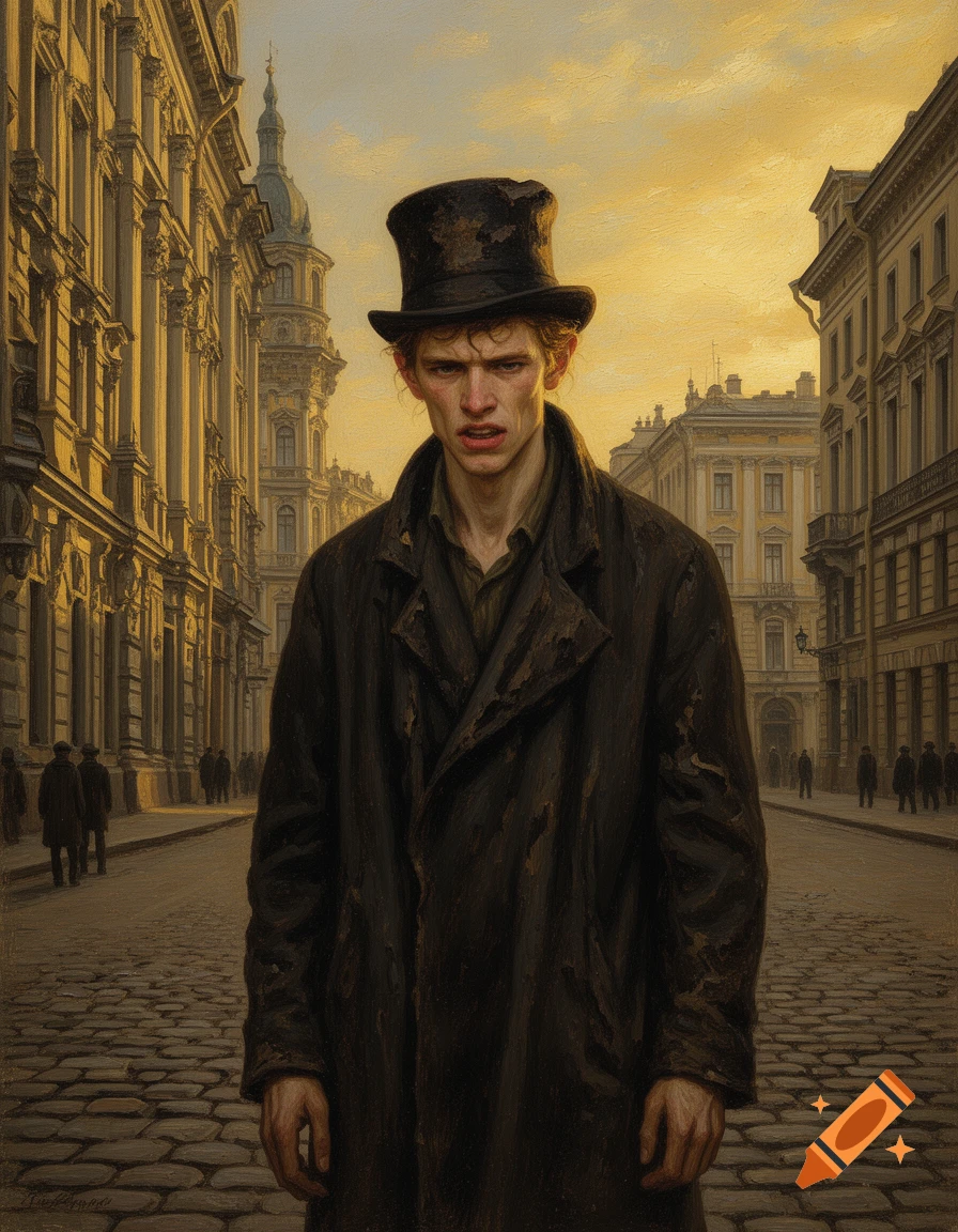 Anguished young man in a worn dark coat and battered top hat stands on a cobblestone street in 19th-century Saint Petersburg, oil painting.