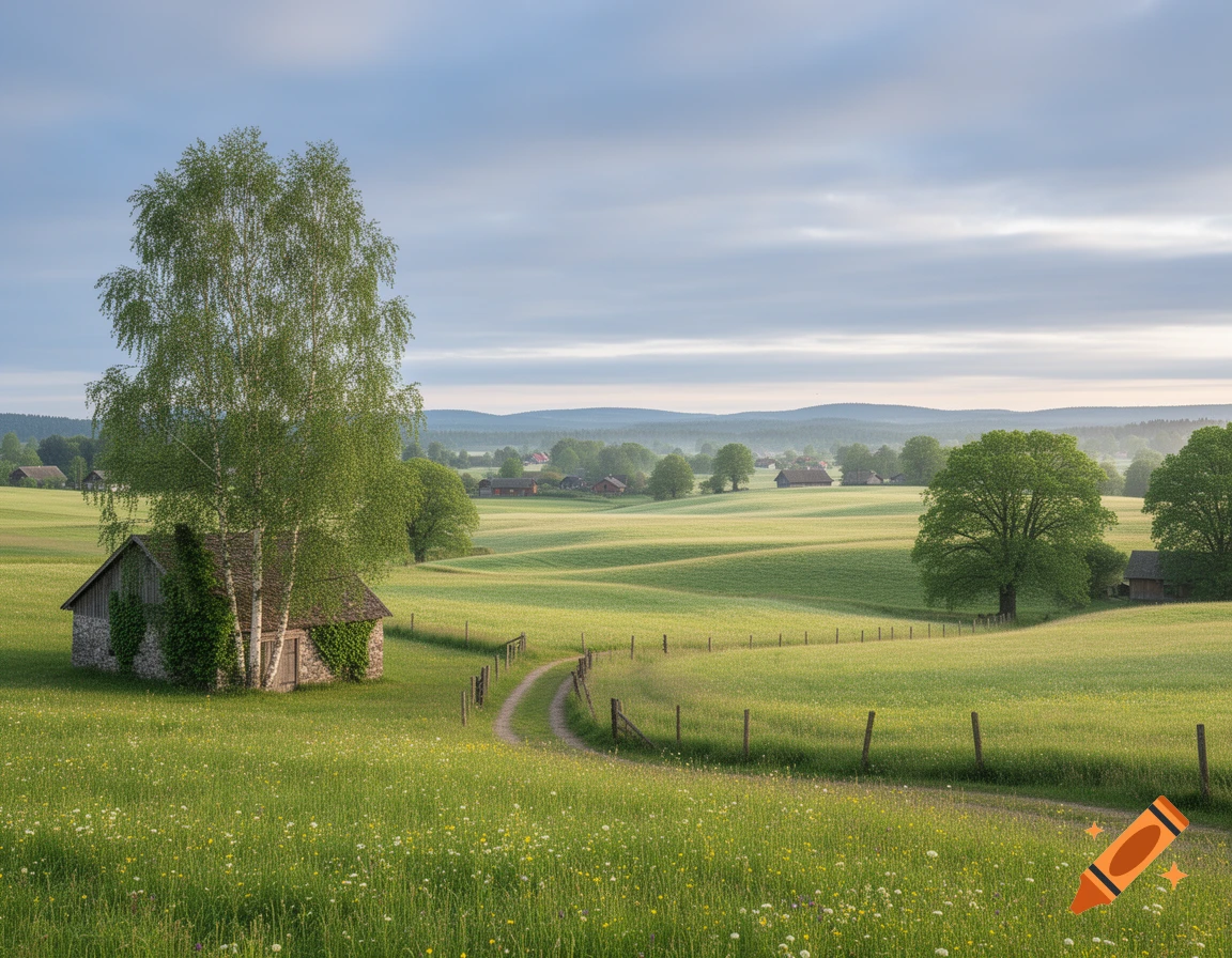 Photorealistic image of a rustic stone house and a birch tree in a bright green field with a winding dirt path under a cloudy sky.
