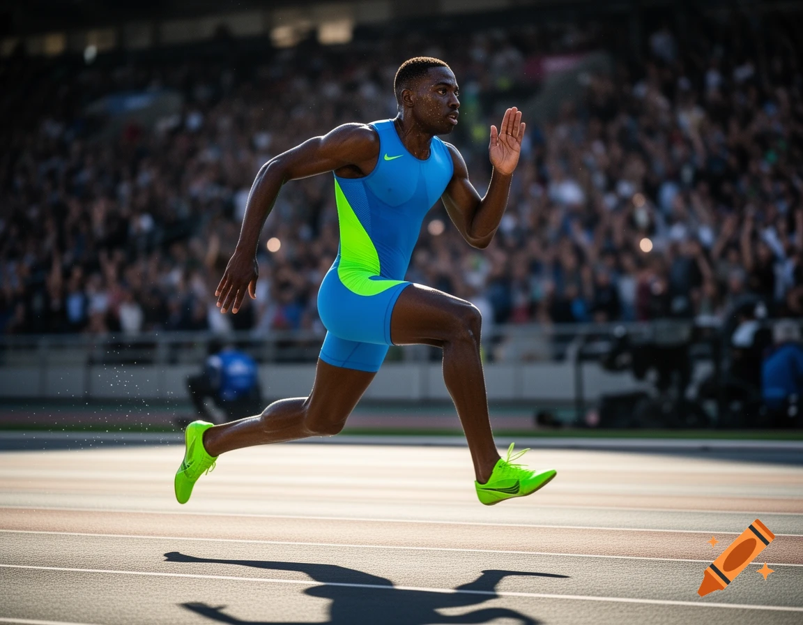 Photorealistic image of a male athlete sprinting on a track in a blue and lime green uniform, with a blurred crowd in the background.