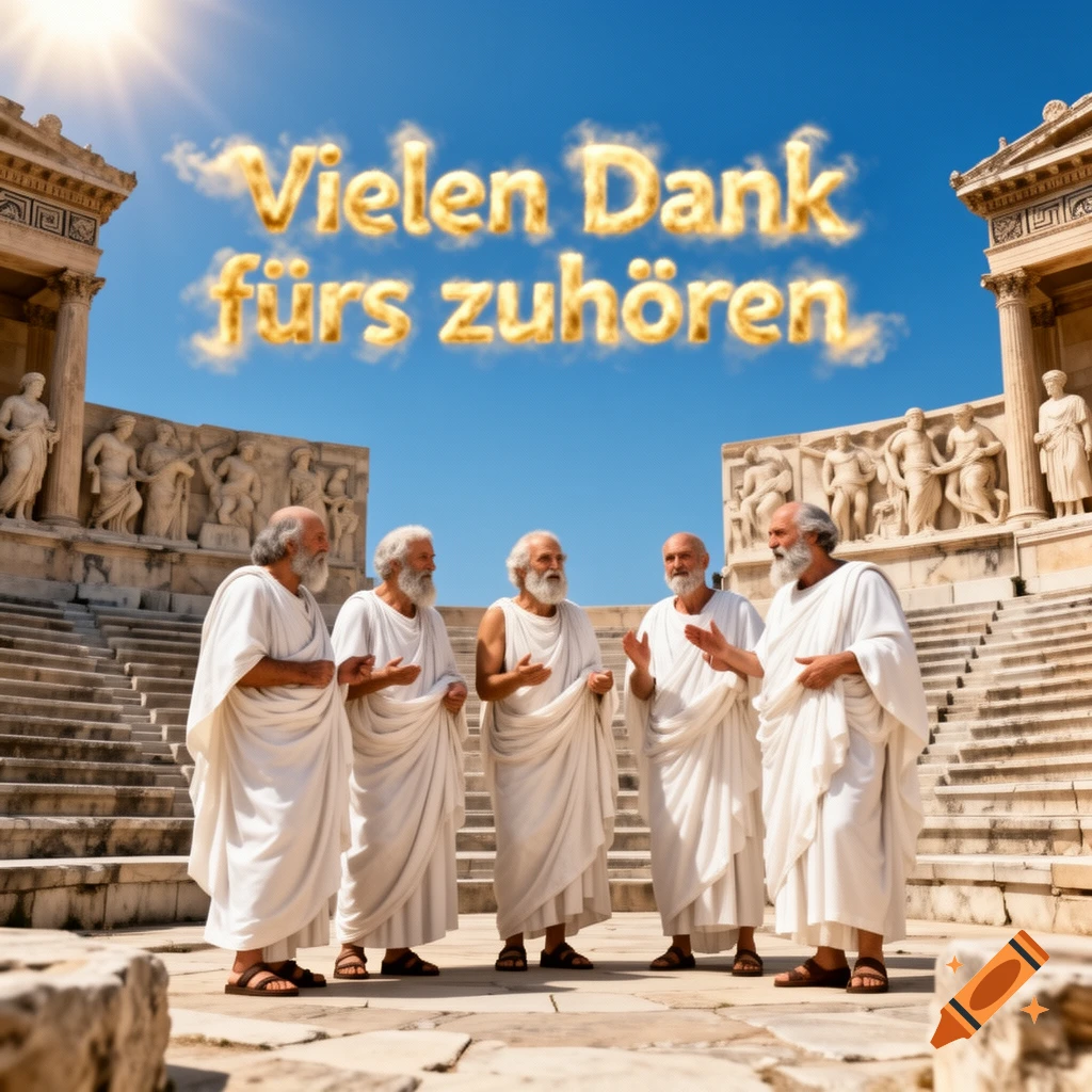 Five ancient Greek philosophers in white robes stand in an amphitheater under a sunny sky, with golden cloud text 'Vielen Dank f r s zuh r en'.