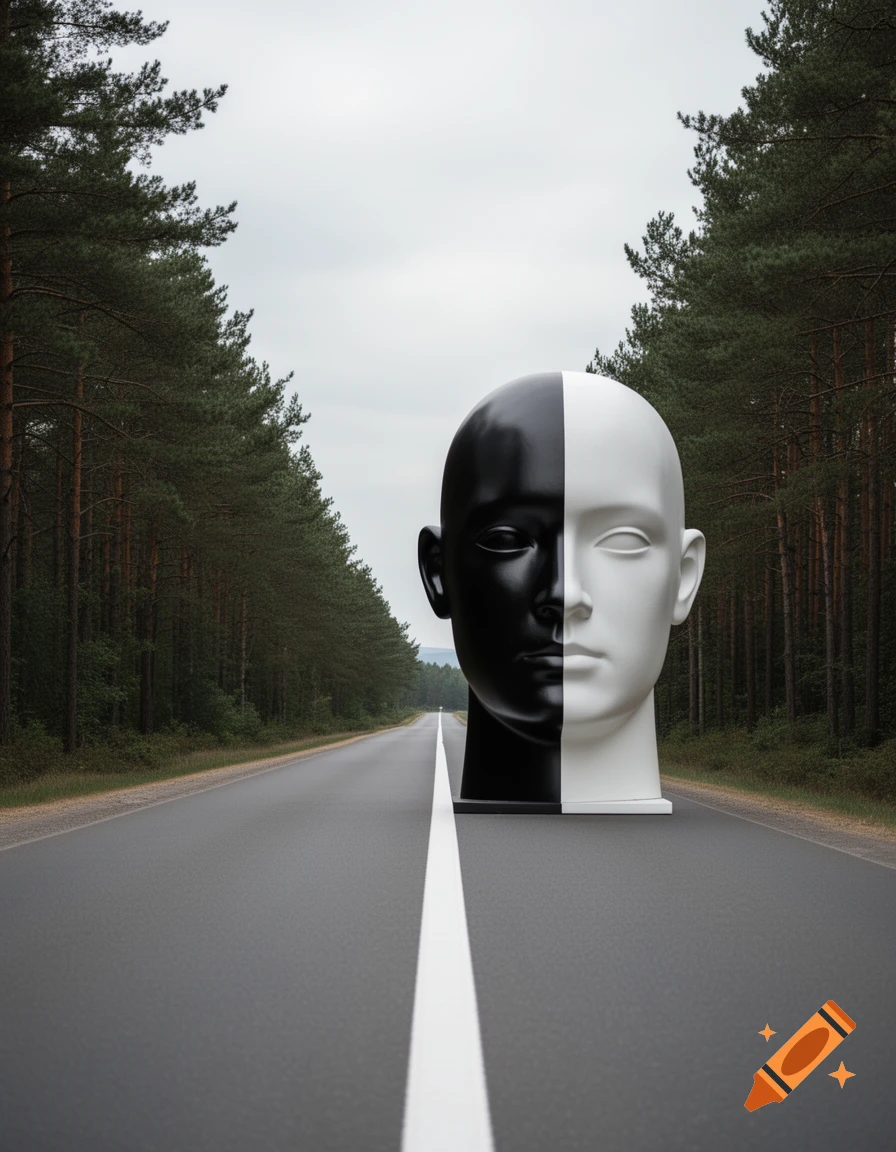 A large, two-toned black and white mannequin head sits on the white line of a long, empty asphalt road flanked by tall pine trees.