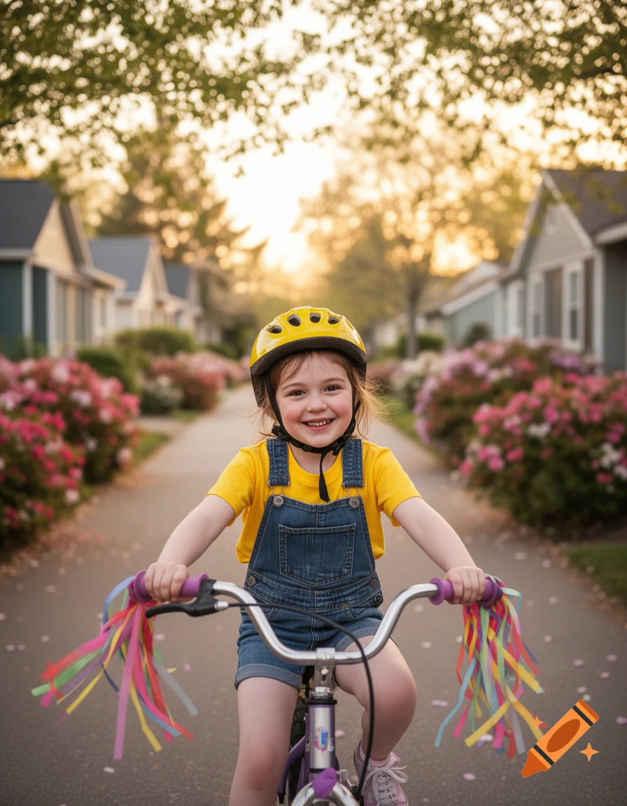 A happy young girl in a yellow helmet and denim overalls rides a bicycle with colorful streamers on a residential street at sunset.