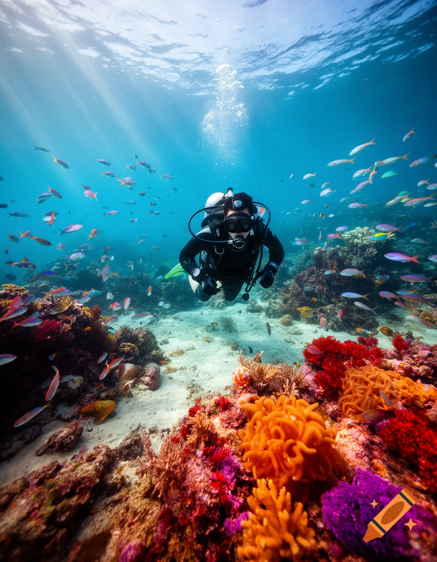 A scuba diver explores a vibrant coral reef teeming with colorful fish in clear, sunlit blue water.