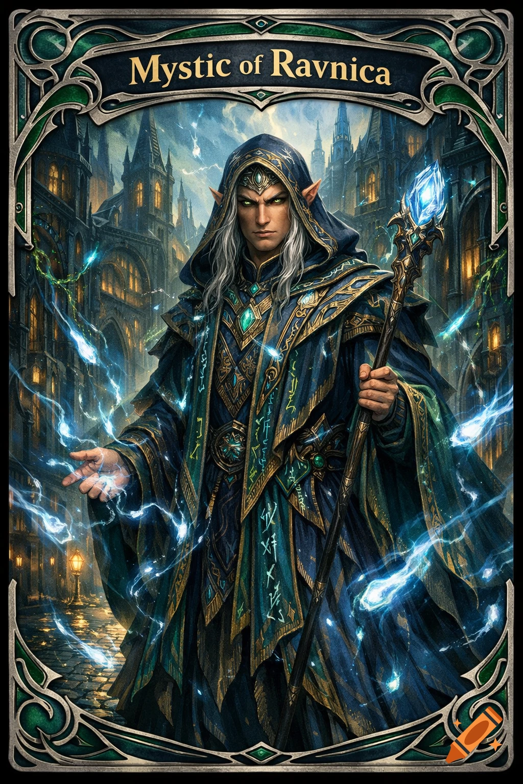 An elf wizard in blue and gold robes, wielding a glowing staff and magic, stands in a fantasy city with an ornate card border.