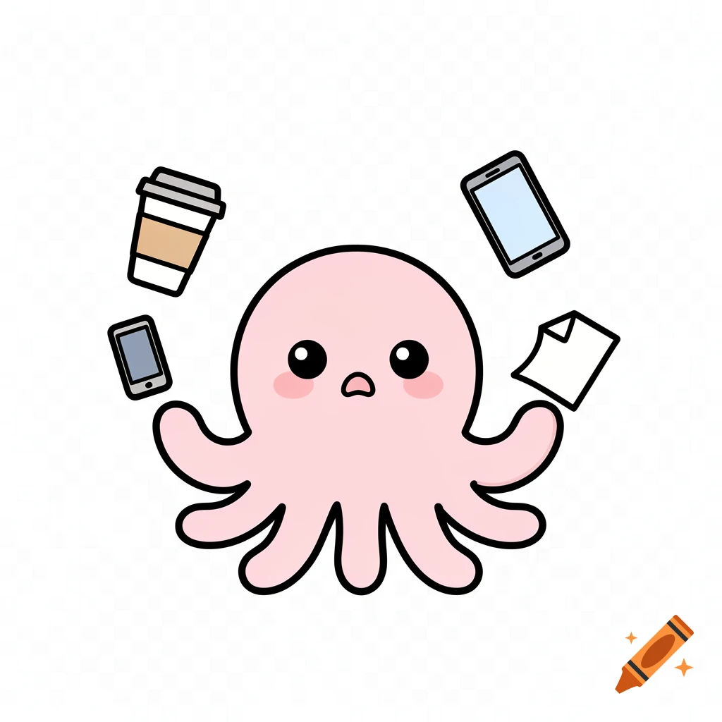 A cute pink kawaii vector octopus with a soft blush juggles a coffee cup, two phones, and a paper, looking overwhelmed.