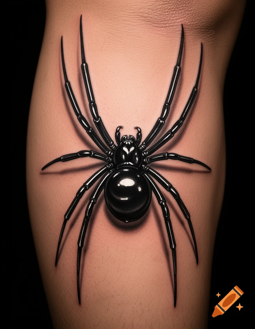 A hyperrealistic black spider tattoo with a glossy abdomen and long thin legs on a human leg.