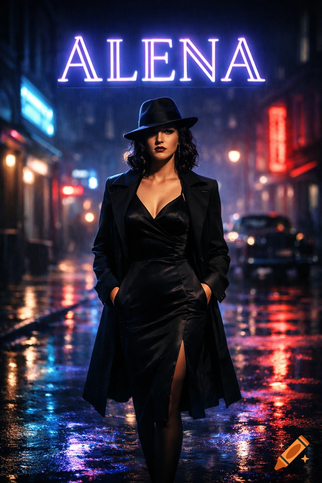 A confident woman in a black trench coat and dress with a fedora stands on a wet, neon-lit urban street at night. "ALENA" glows above her.