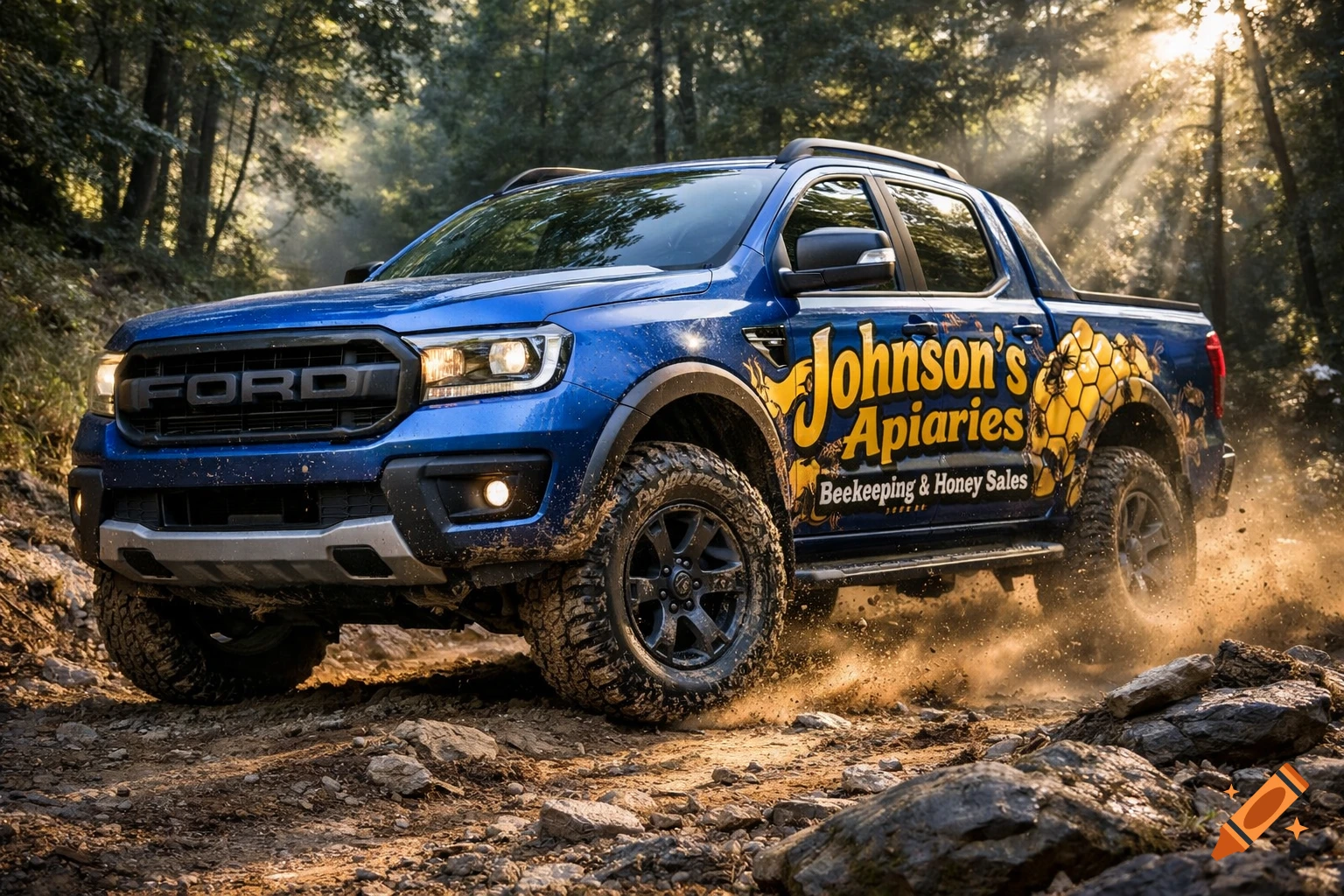 A blue Ford Ranger pickup truck with "Johnson's Apiaries" branding drives off-road through a sunlit forest.