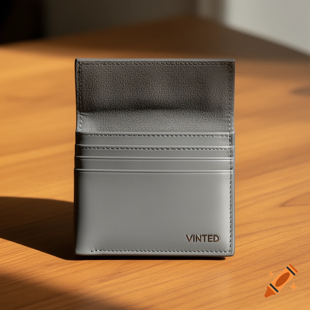 A grey leather Vinted wallet stands upright on a wooden surface, illuminated by strong natural light.