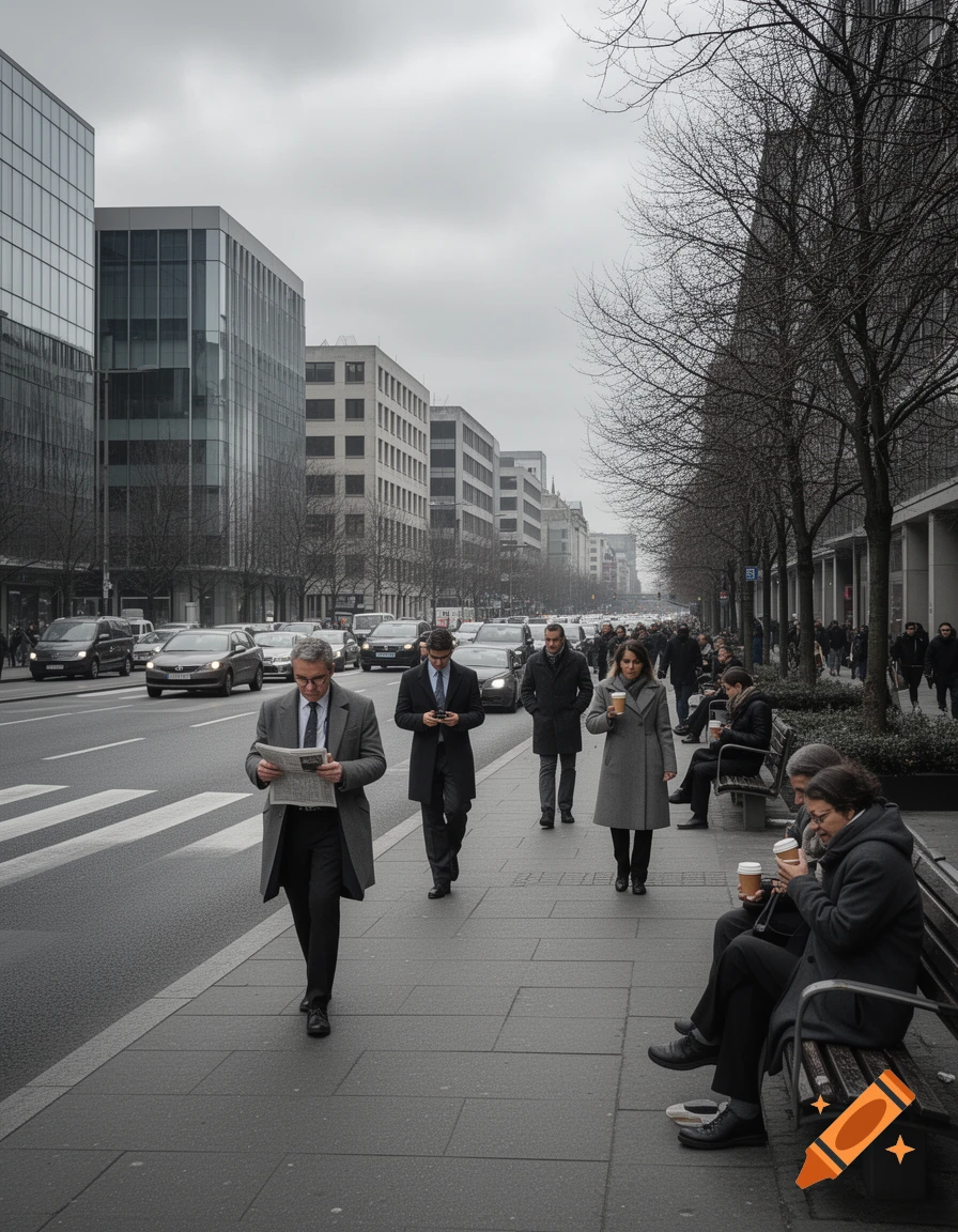 A man reads a newspaper while walking on a city sidewalk alongside other pedestrians and parked cars on a cloudy day.