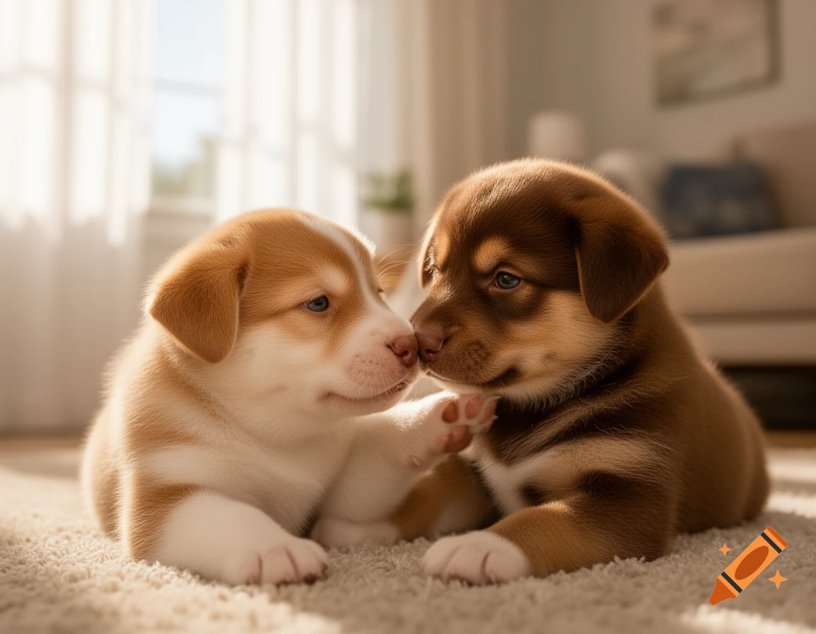 Two adorable puppies, one light brown and one dark brown, nuzzle each other on a fluffy carpet in a sunlit room. Photorealistic.