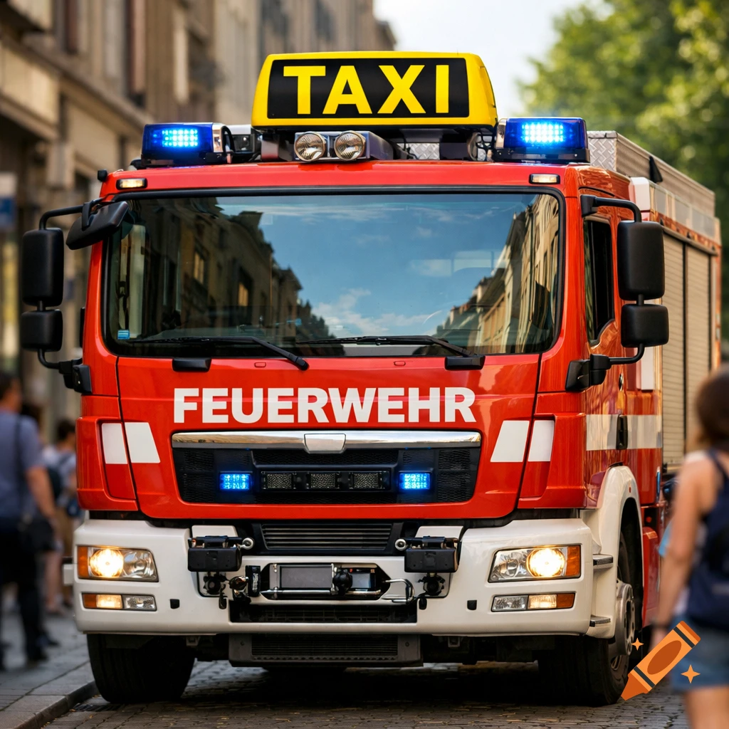 A red and white fire truck with blue lights and a yellow "TAXI" sign on its roof, displaying "FEUERWEHR" on the front, drives through a city street.