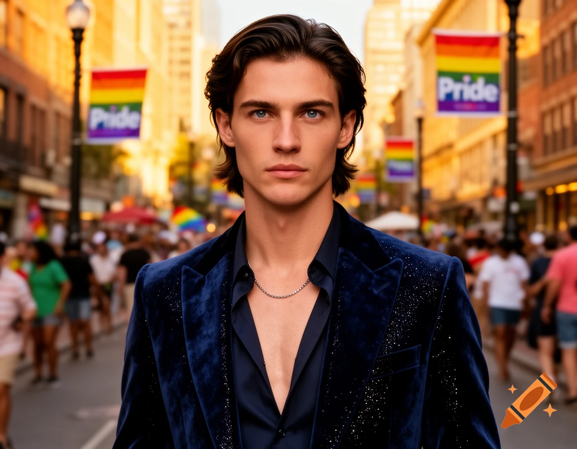 A photorealistic portrait of a man in a blue velvet blazer standing on a city street with blurry crowds and rainbow Pride flags in the background.