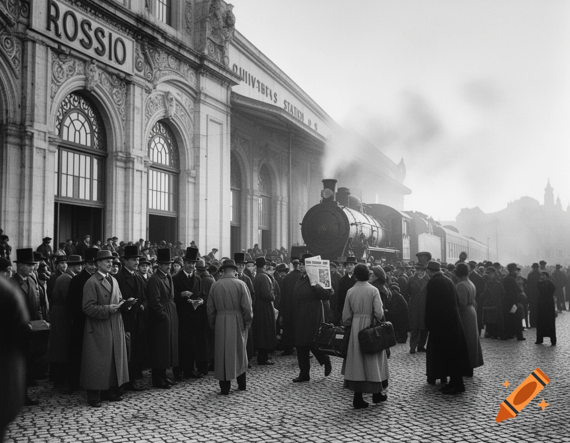 A black and white photo of a crowded Rossio train station with people, many in hats and coats, on a cobbled platform as a steam train pulls in, emitting smoke.