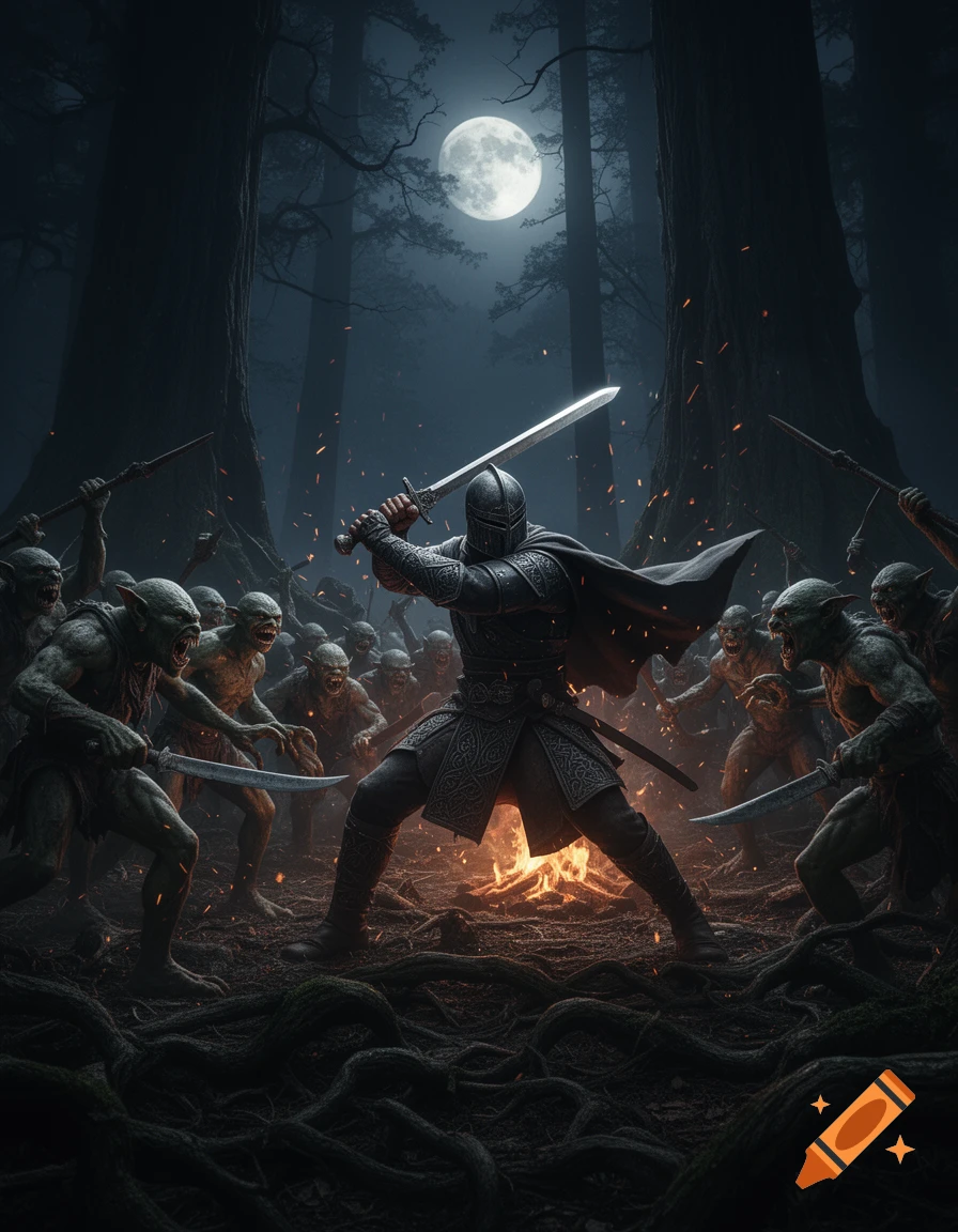 A knight in armor fights a horde of goblins in a dark, moonlit forest with glowing embers.