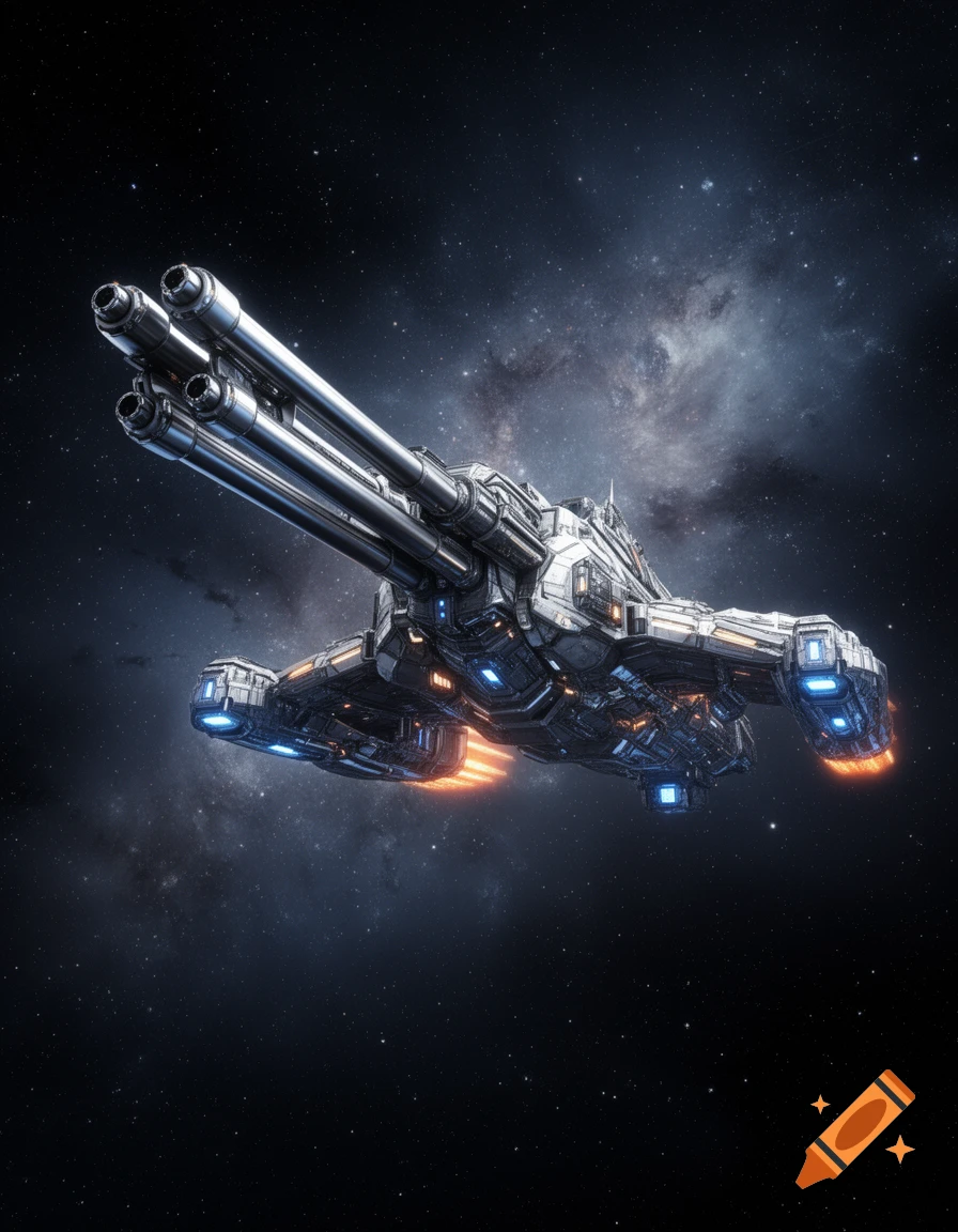 A detailed futuristic spaceship with multiple large barrels, flying through deep space with stars and nebulae.