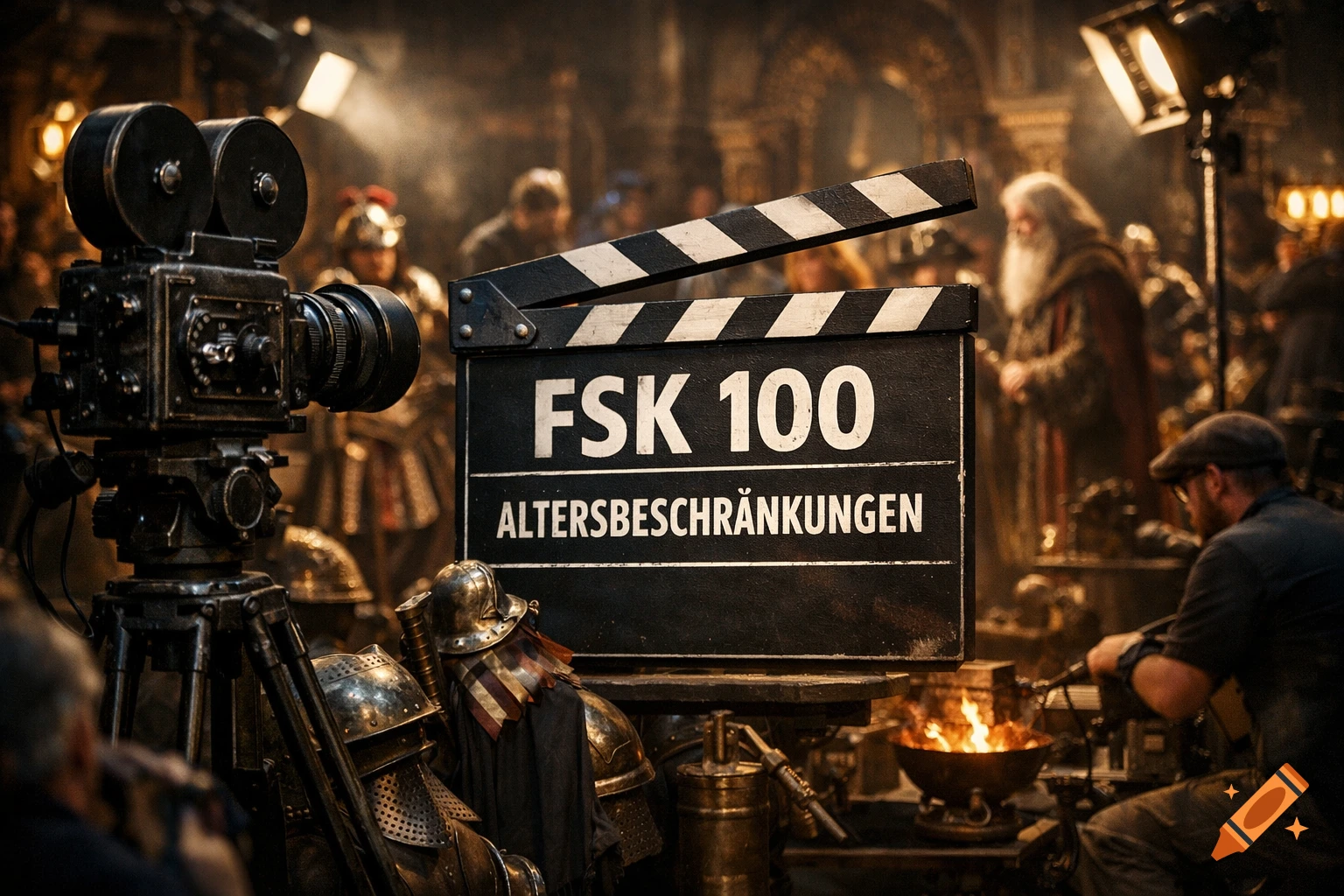 A vintage movie camera and clapperboard on a set with actors in historical costumes, featuring text 'FSK 100 ALTERSBECHERÄNKUNGEN'.