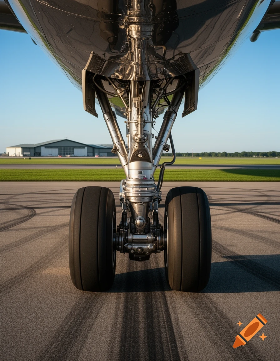 Photorealistic close-up of an airplane's landing gear, featuring two large wheels and metallic struts on an airfield.
