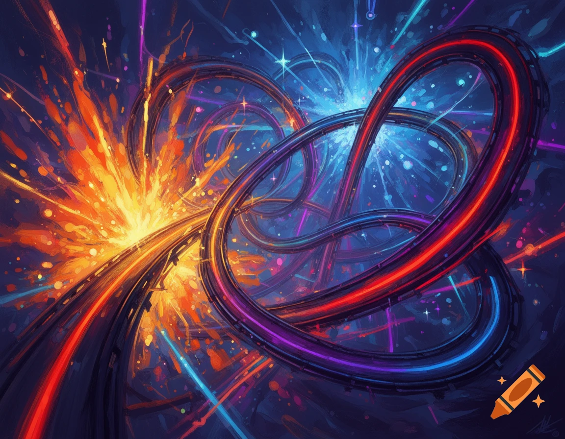 Vibrant abstract art of glowing, intertwined rollercoaster tracks with bursts of orange and blue light against a dark, star-filled background.