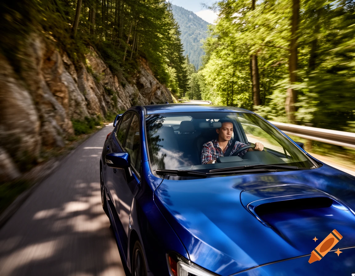 Young man driving a blue car on a winding mountain road through a lush green forest.