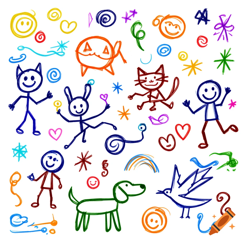A colorful collection of childlike doodles: stick figures, a dog, cat, bird, hearts, stars, and smiley faces on white.