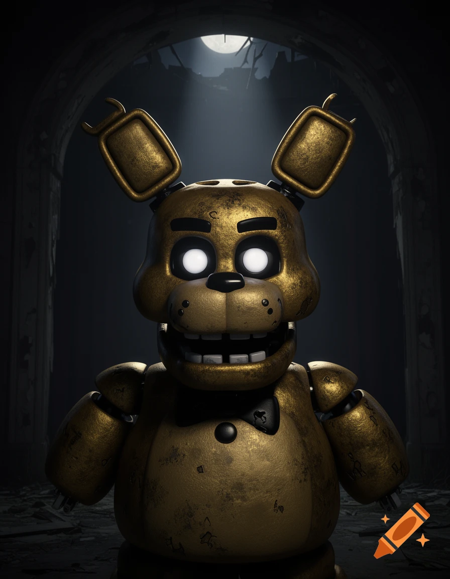 A gold-colored animatronic bear with glowing white eyes and a black bow tie stands in a dark, dilapidated hall.