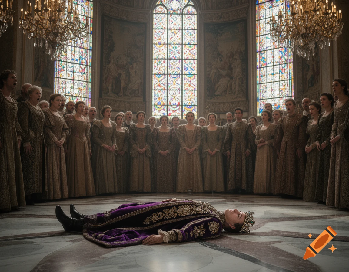 A dead king lies on the floor of a grand, ornate hall with stained glass windows, surrounded by his shocked court in photorealistic style.