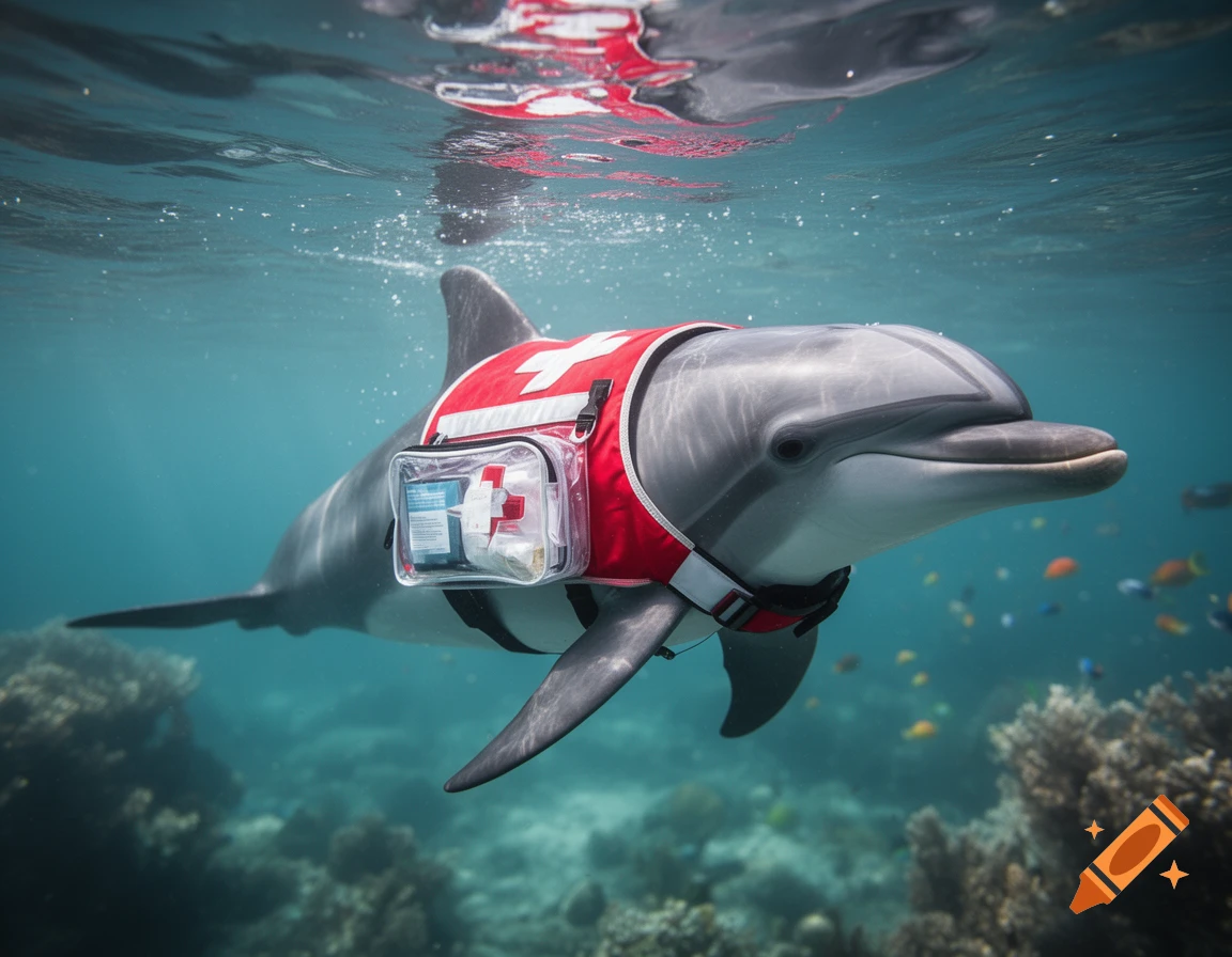 A photorealistic bottlenose dolphin swims underwater, wearing a red paramedic vest with a clear first aid kit attached.