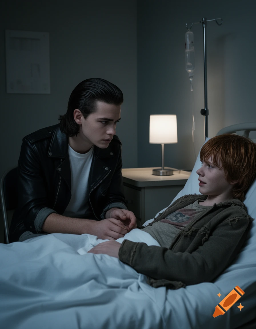 A young man in a leather jacket sits by the hospital bed of a red-haired boy, their hands nearly touching in a dim, emotional scene.