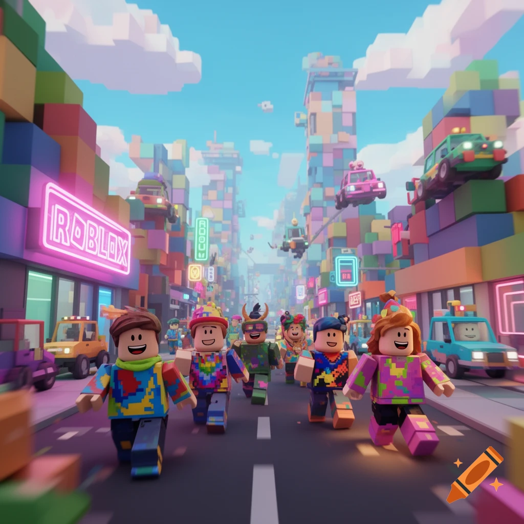 Roblox-style blocky characters with smiling faces walk down a colorful city street with pixelated buildings and flying cars, a neon 'ROBLOX' sign visible.