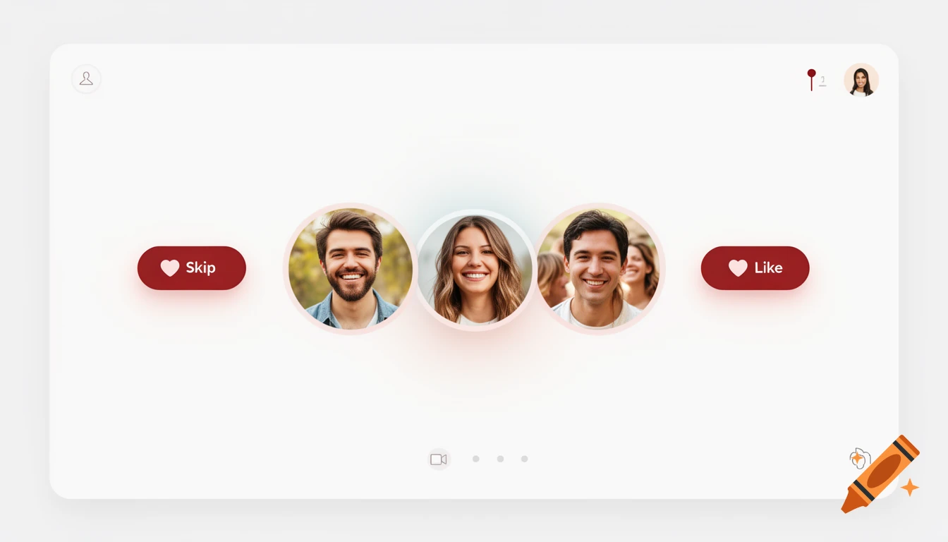 A modern, minimalist dating site interface with a white background, featuring three smiling user profile pictures, and red "Skip" and "Like" buttons.
