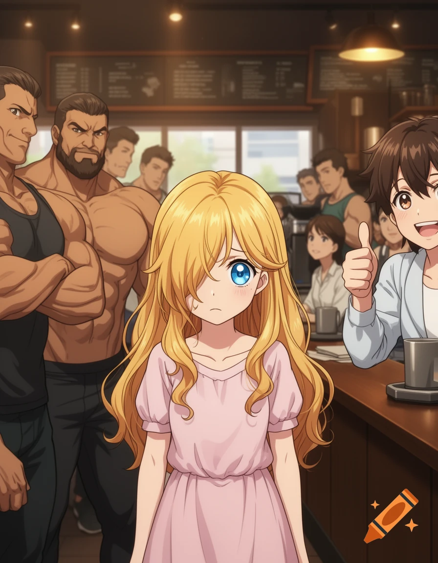 A shy anime girl with blonde hair in a pink dress looks anxious in a busy coffee shop, surrounded by muscular men, while a friend gives a thumbs up.