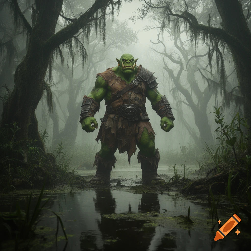 A large green orc wearing leather and armor stands in a misty, dark swamp.