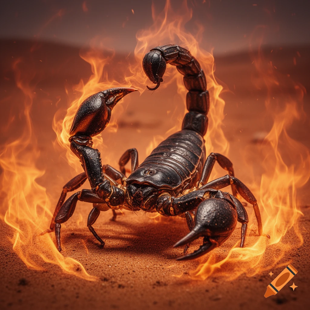 A dark, armored scorpion stands on sandy ground, surrounded by a ring of vibrant orange flames in a dramatic, photorealistic style.