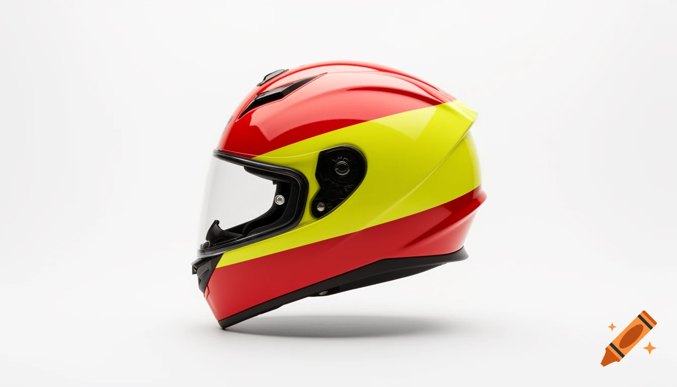 A realistic, glossy full-face motorcycle helmet with red and bright yellow horizontal stripes on a white background.