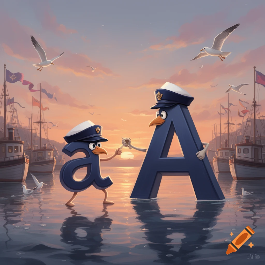A cartoon lowercase 'a' and uppercase 'A', both wearing navy hats, stand in water at sunset with boats and seagulls.