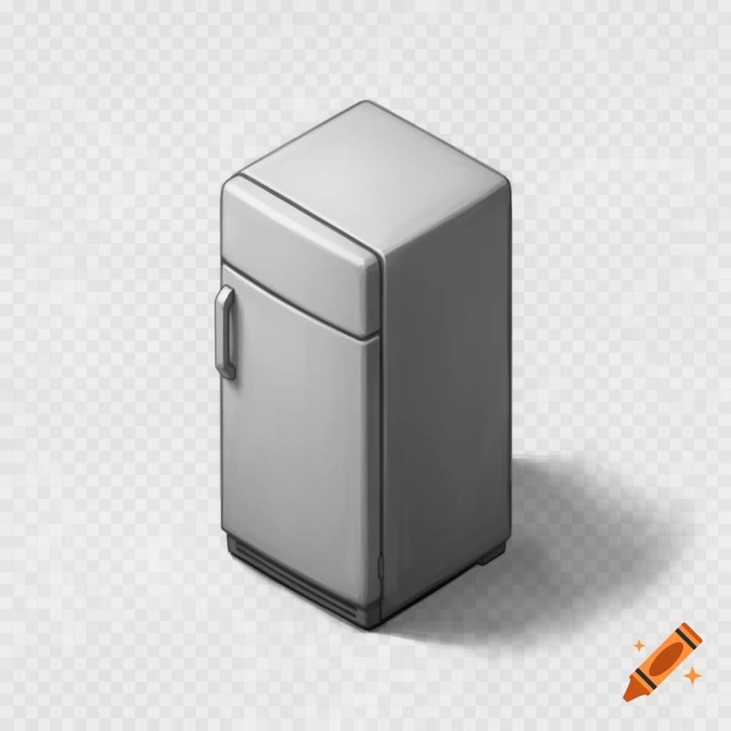 An isometric view of a gray, semi-realistic painterly style refrigerator with a transparent background.
