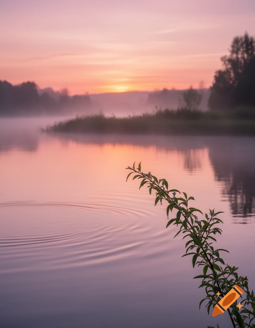 Misty sunrise over a calm lake with a leafy branch in the foreground, glowing with pink and orange hues.