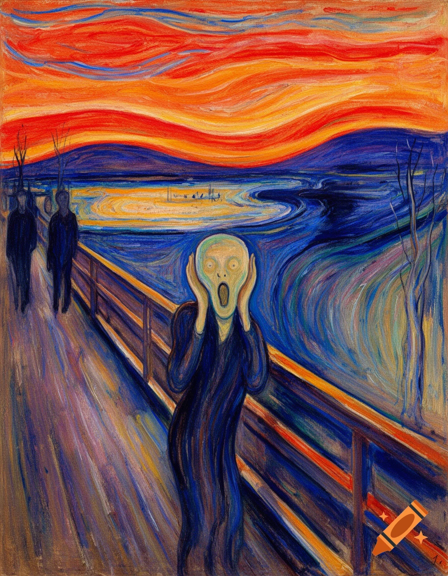 The Scream painting: A distressed figure on a bridge under a fiery orange and red sky, with two dark figures in the background.