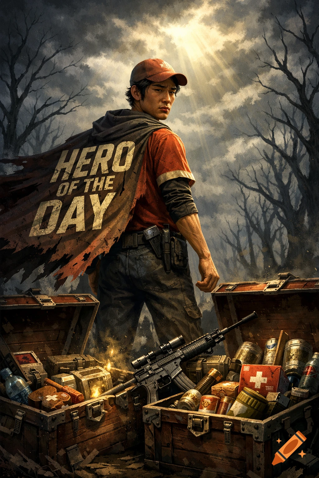 A man with a 'Hero of the Day' cape stands among opened treasure chests with supplies and a rifle in a desolate forest.