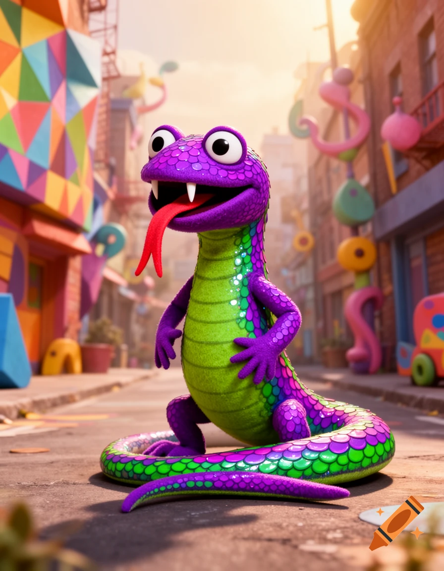 A vibrant purple and green muppet newt with a long red tongue stands in a colorful, whimsical city street.