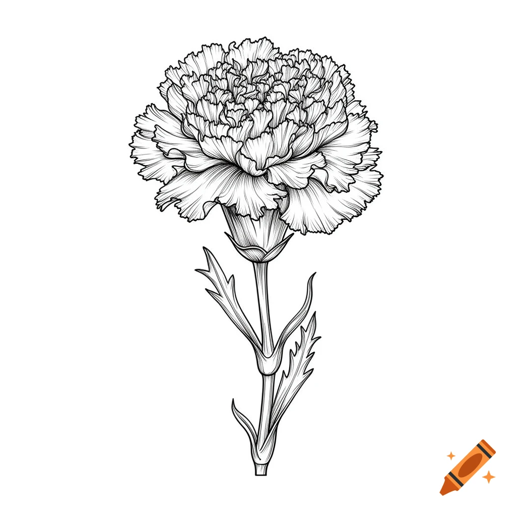 Black and white line art of a single carnation flower.