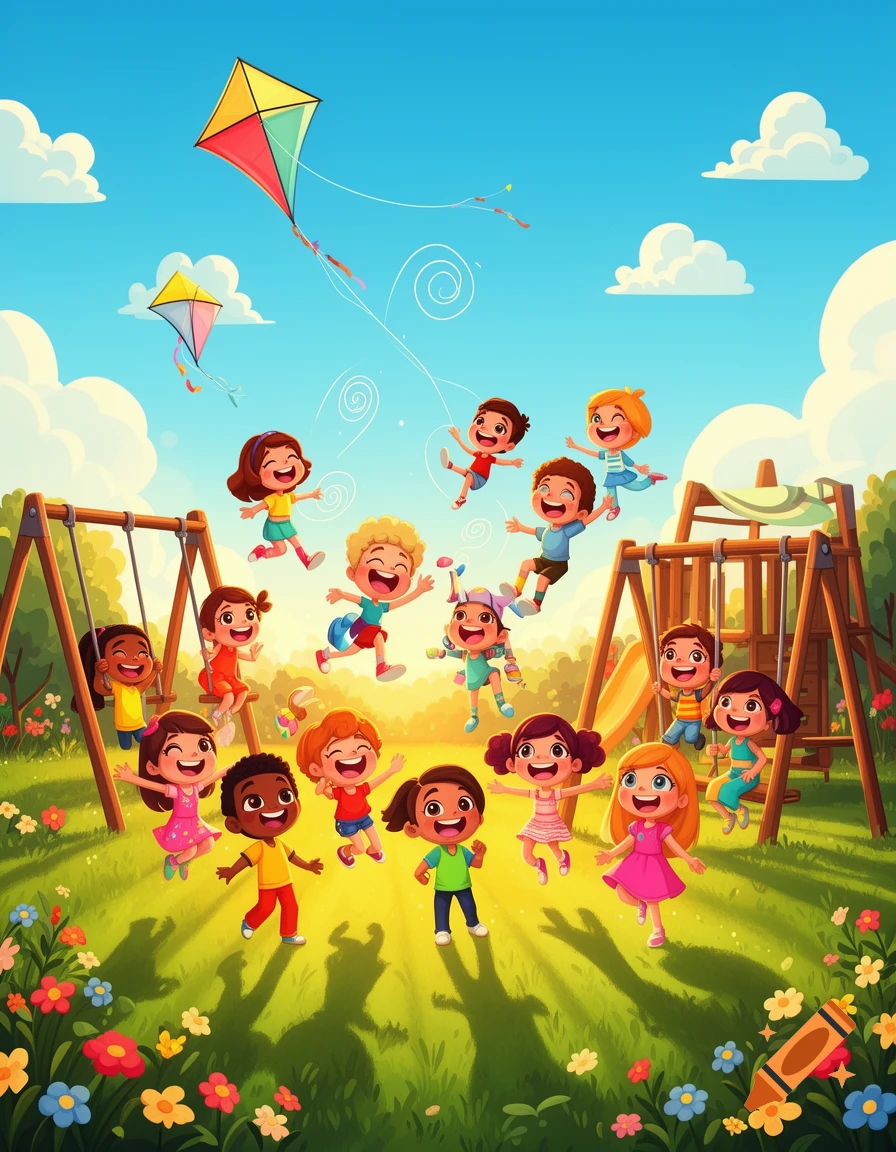 A vibrant cartoon of diverse children happily playing in a sunny park with kites and playground equipment.