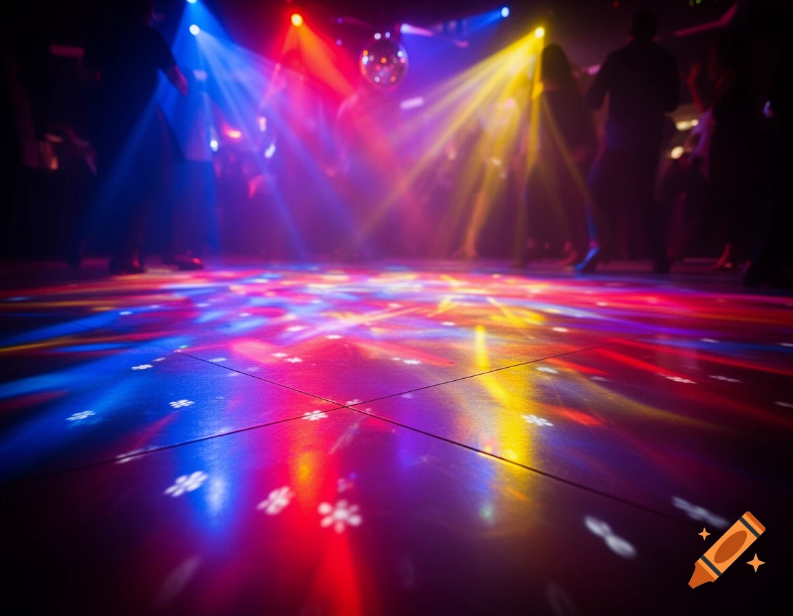 Vibrant dancefloor illuminated by colorful disco lights, with blurred figures dancing in the background.