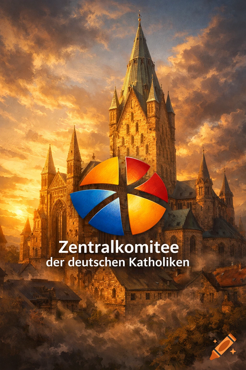 A majestic cathedral with a prominent spire under a dramatic sunset sky, featuring the 'Zentralkomitee der deutschen Katholiken' logo.