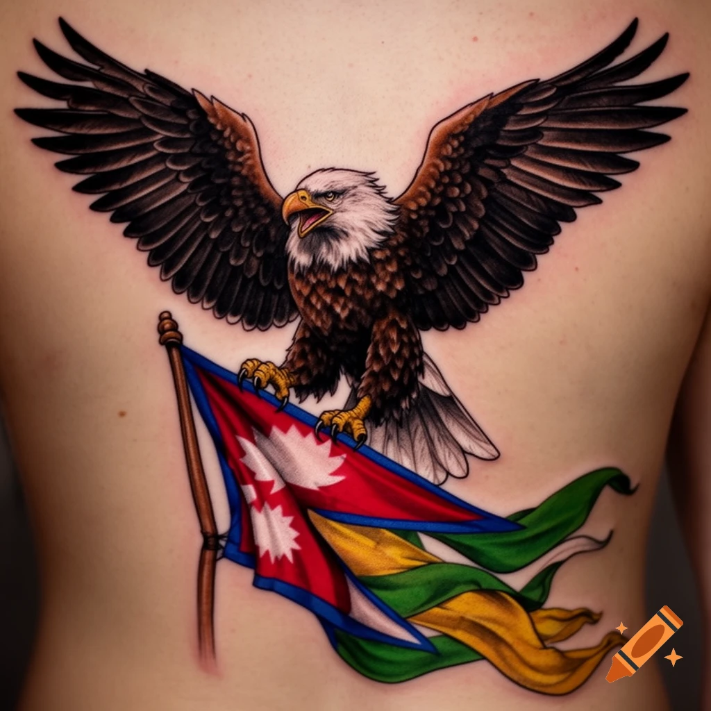 A vibrant tattoo of a majestic bald eagle with spread wings, clutching a colorful Nepalese flag, on a person's upper back.